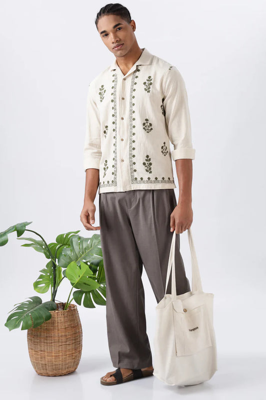 Arctic White Floral Sketch Embroidered Linen Shirt