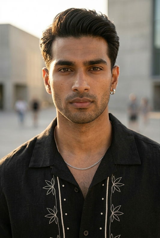Midnight Black Lotus Embroidered Linen Shirt