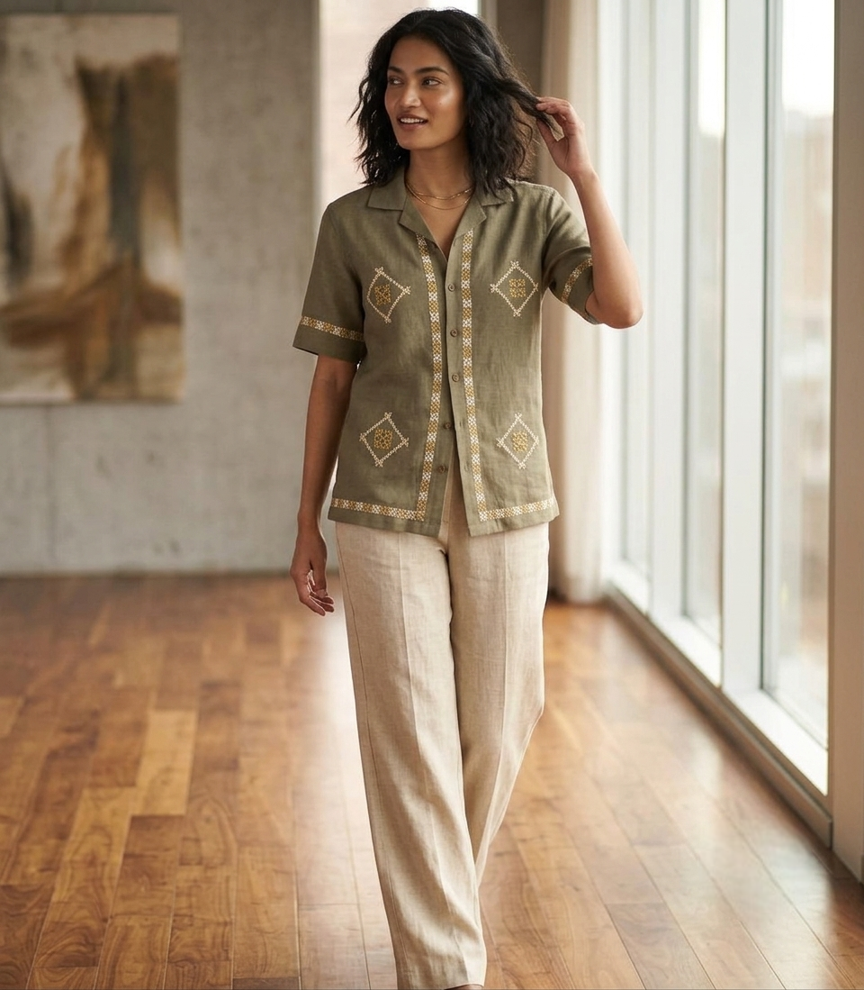 Woman wearing a green patterned top and beige pants in a room with large windows.