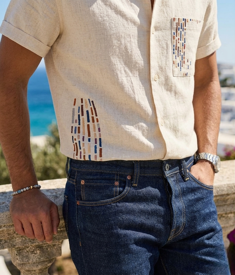 Artisan Vertical Dash Embroidered Linen Shirt