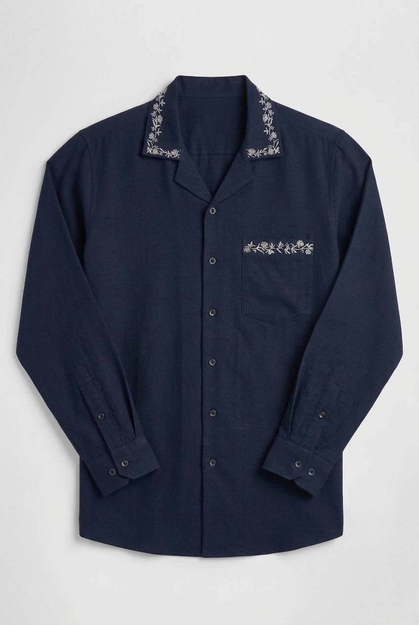 Abstract Faces Line Art Embroidered Linen Shirt