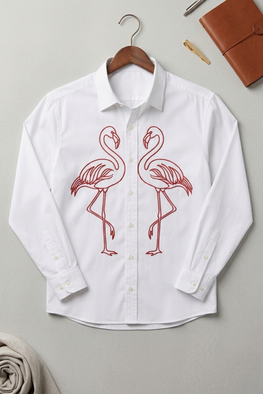 White Mirror Flamingo Embroidered Cotton Shirt