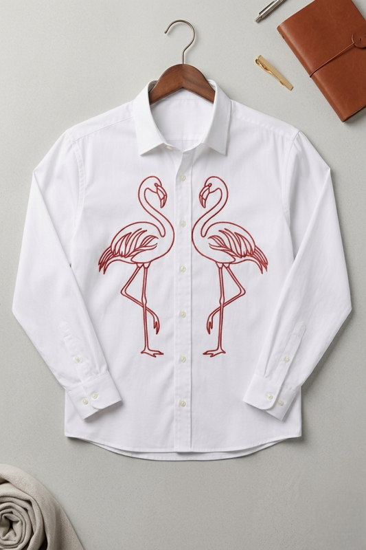 White Mirror Flamingo Embroidered Cotton Shirt