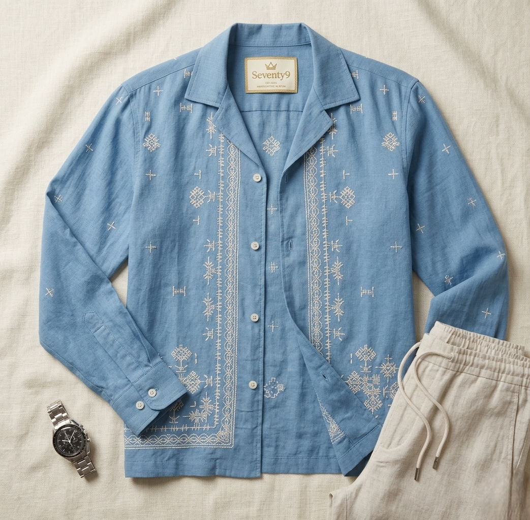 Sky Blue Artisan Geometric Embroidered Linen Shirt