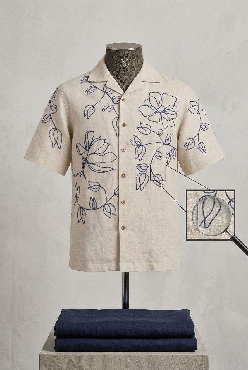 Botanical Line Art Embroidered Linen Shirt