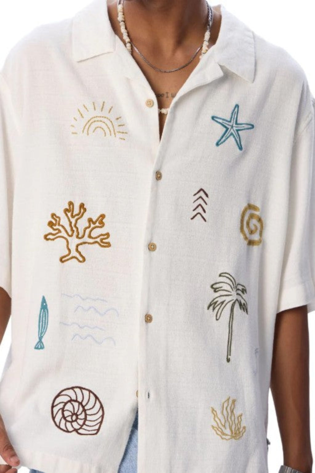 Coastal Icons Doodle Embroidered Linen Shirt