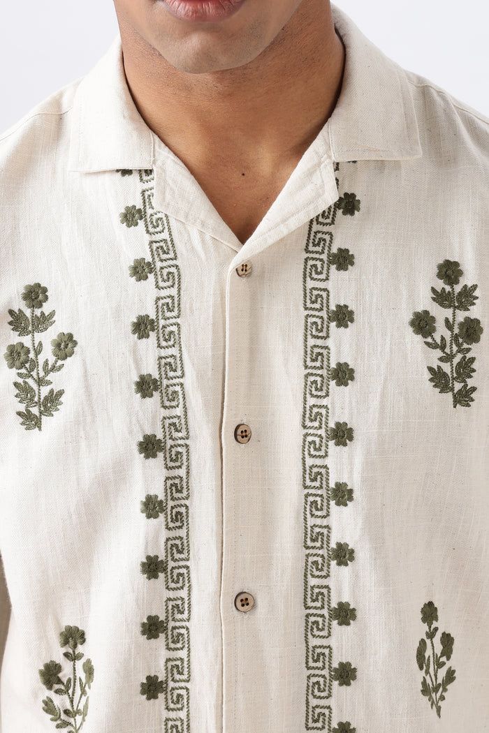 Arctic White Floral Sketch Embroidered Linen Shirt