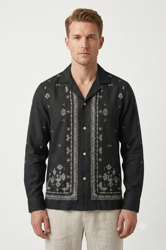 Sky Blue Artisan Geometric Embroidered Linen Shirt