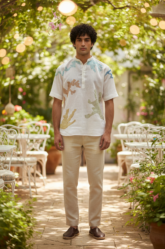 Arctic White Floral Vine Embroidered Linen Shirt