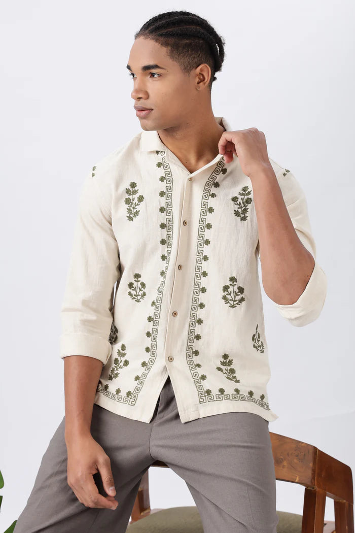 Arctic White Floral Sketch Embroidered Linen Shirt