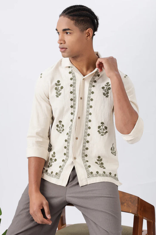 Arctic White Floral Sketch Embroidered Linen Shirt