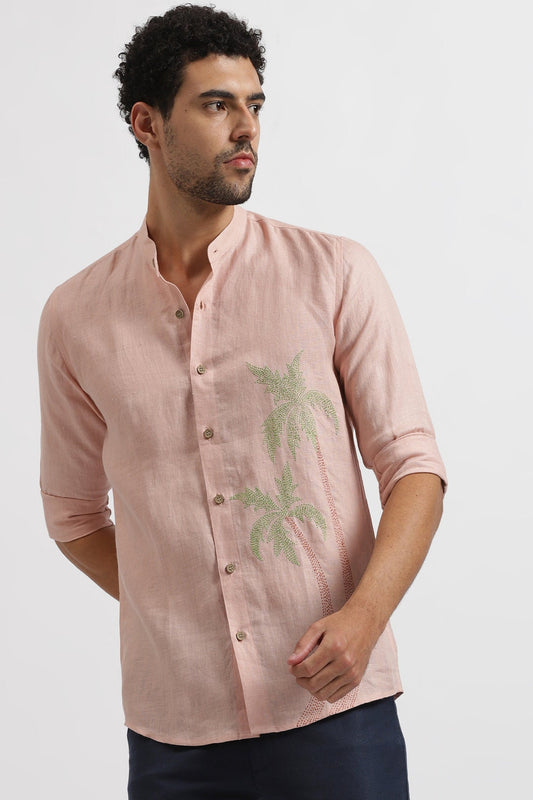 Blush Pink Tropical Palm Embroidered Linen Shirt