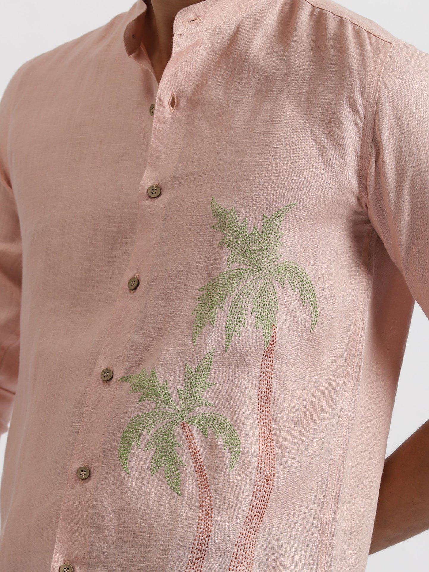 Blush Pink Tropical Palm Embroidered Linen Shirt