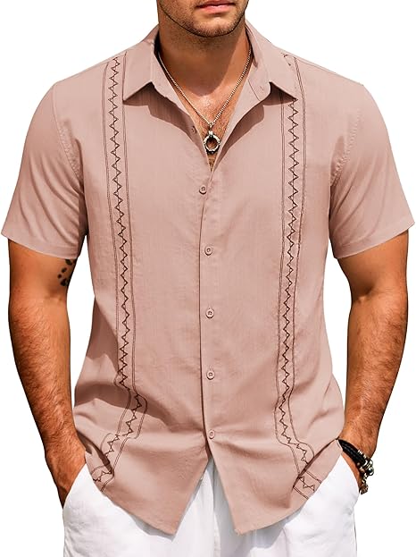 Dusty Rose Geometric Panel Embroidered Linen Shirt - Short Sleeve Guayabera Style