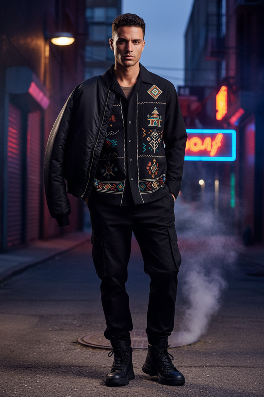 Midnight Black Geometric Panel Embroidered Linen Shirt