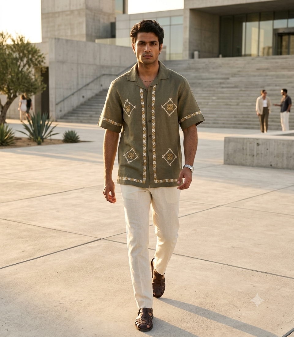 Olive Green Pure Linen Embroidered Shirt