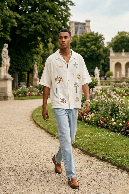 Coastal Icons Doodle Embroidered Linen Shirt