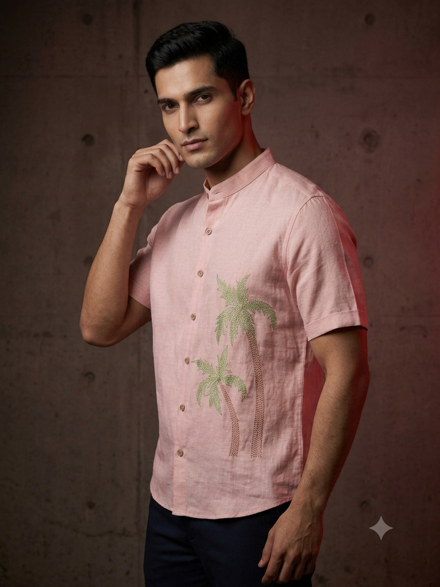 Blush Pink Tropical Palm Embroidered Linen Shirt