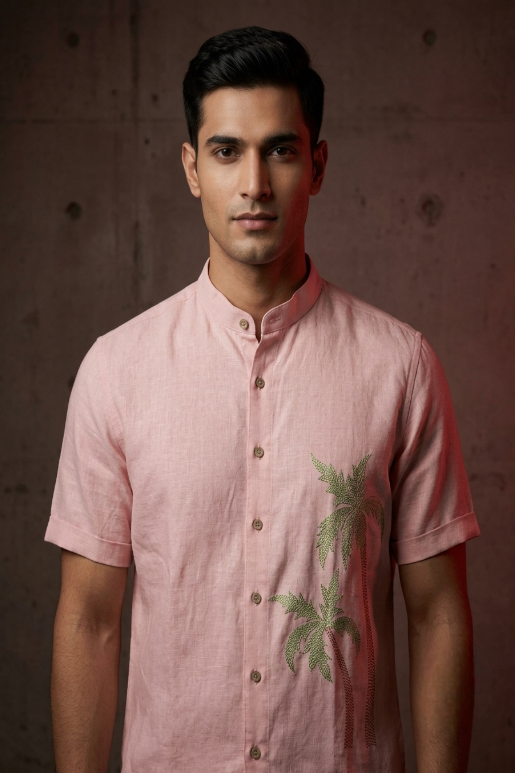 Blush Pink Tropical Palm Embroidered Linen Shirt