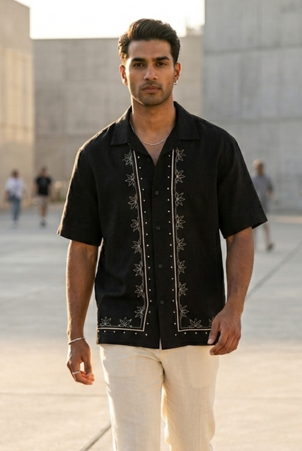 Midnight Black Lotus Embroidered Linen Shirt