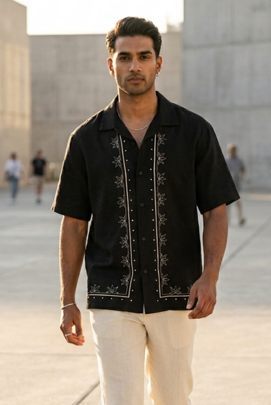 Midnight Black Lotus Embroidered Linen Shirt