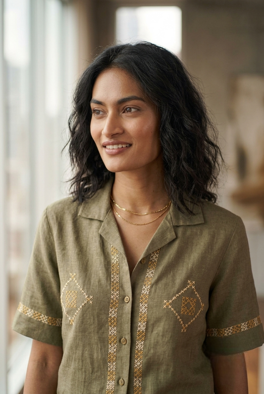 Olive Green Pure Linen Embroidered Shirt - W