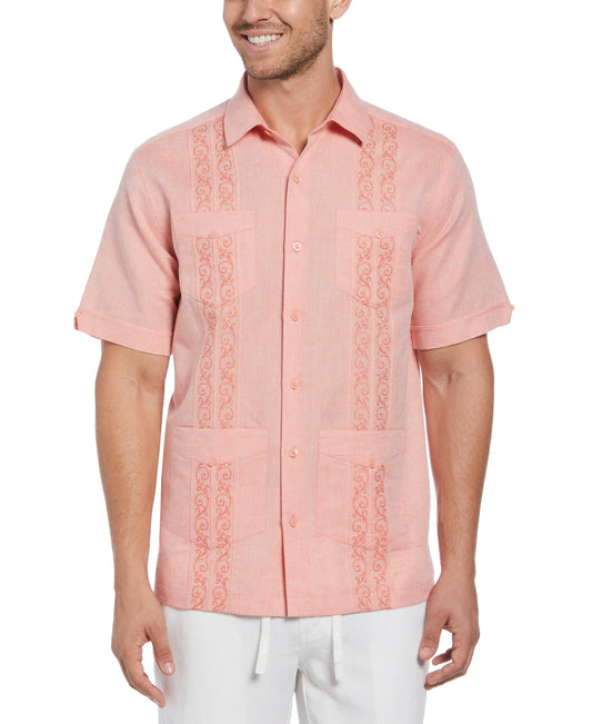 Coral Pink Traditional Guayabera Embroidered Linen Shirt - Four-Pocket Classic Cuban Style