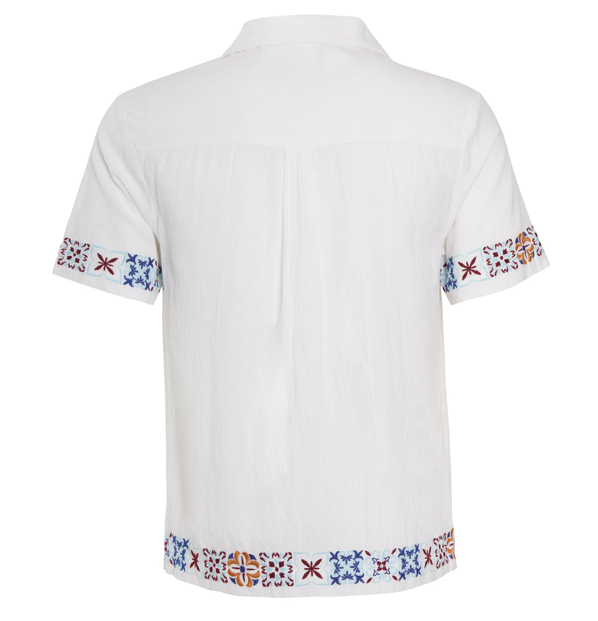 White short-sleeve button-up shirt shown from the back, featuring colorful geometric embroidered patterns along the sleeve cuffs and lower hem.