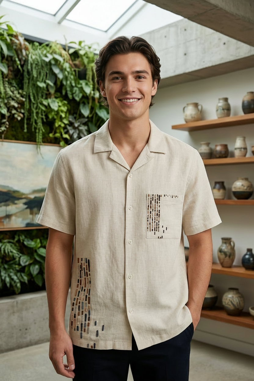 Man wearing a beige shirt with a patterned design in an indoor setting with plants and shelves.