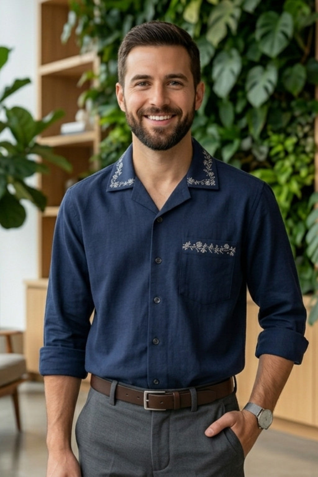 Abstract Faces Line Art Embroidered Linen Shirt