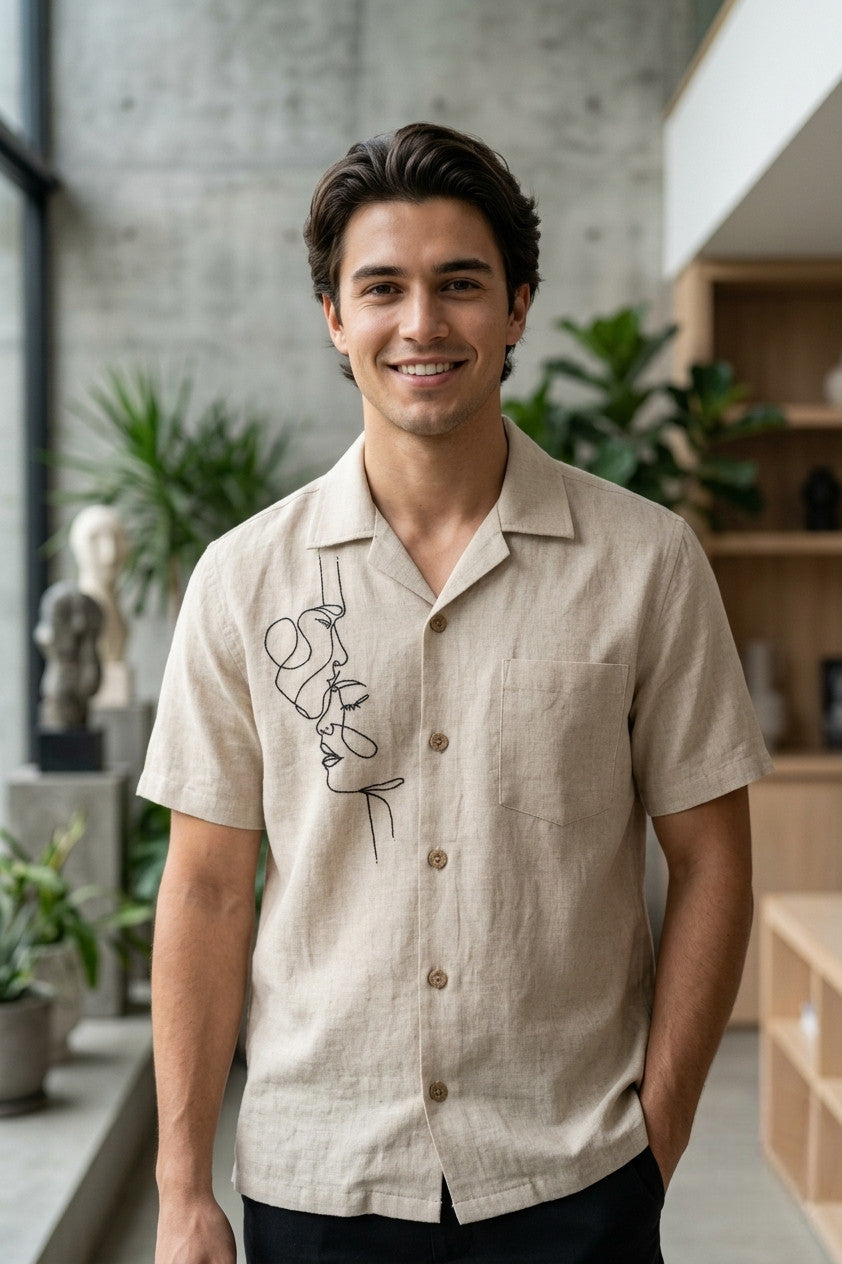 Minimalist Face Line Art Embroidered Shirt