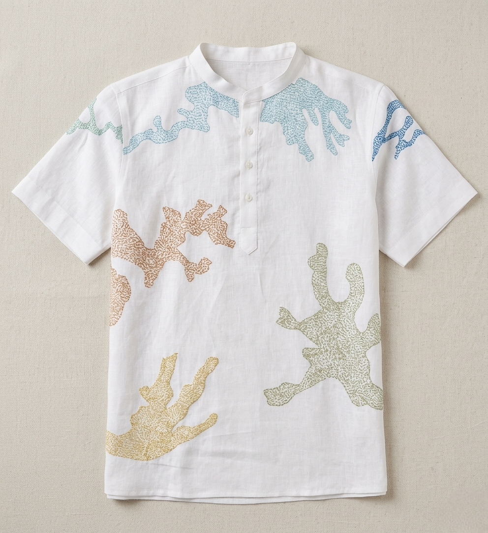 Arctic White Floral Vine Embroidered Linen Shirt