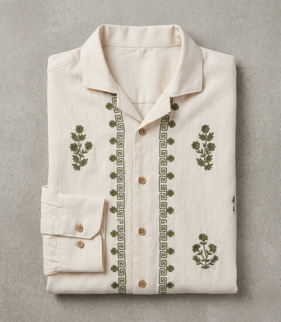 Arctic White Floral Sketch Embroidered Linen Shirt