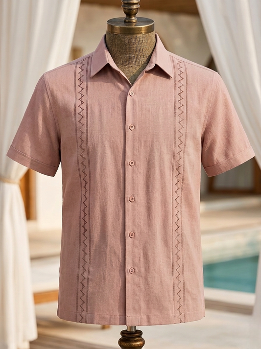 Dusty Rose Geometric Panel Embroidered Linen Shirt