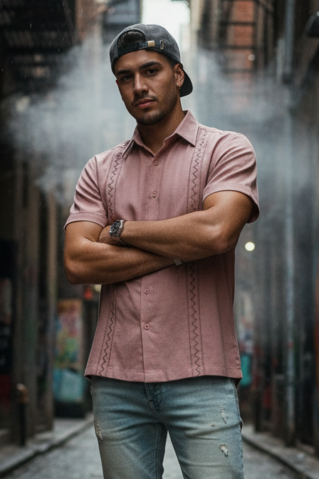 Pink short-sleeve shirt on a mannequin with decorative stitching, blurred indoor background