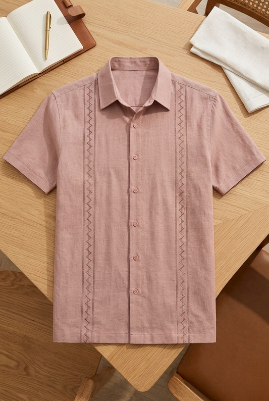 Dusty Rose Geometric Panel Embroidered Linen Shirt - Short Sleeve Guayabera Style