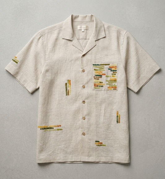 Artisanal Dash Embroidered Linen Shirt - Oatmeal Beige Textured Camp Collar Button Down