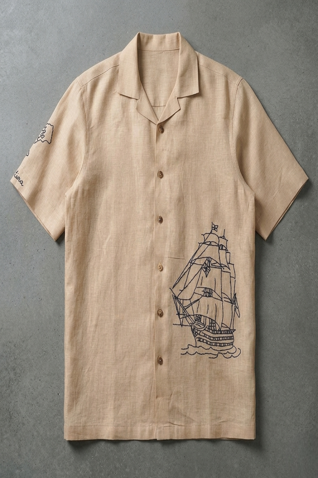 Vintage Nautical Ship Embroidered Linen Shirt