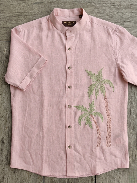 Blush Pink Tropical Palm Embroidered Linen Shirt