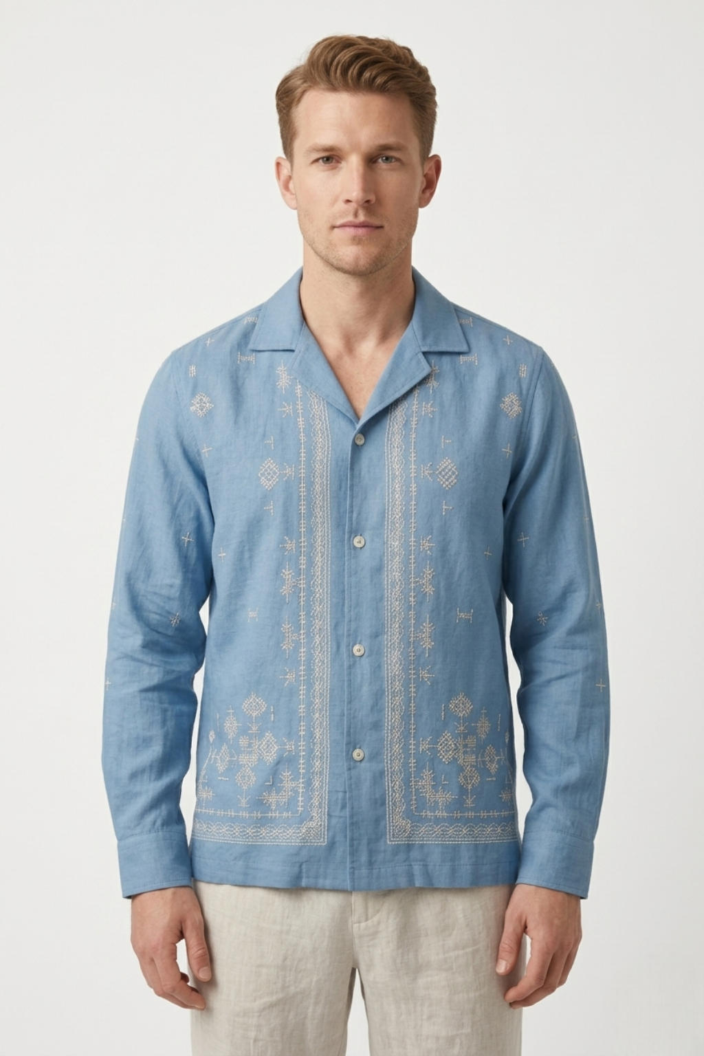 Sky Blue Artisan Geometric Embroidered Linen Shirt