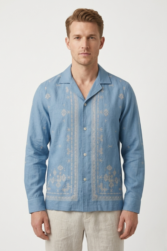 Sky Blue Artisan Geometric Embroidered Linen Shirt