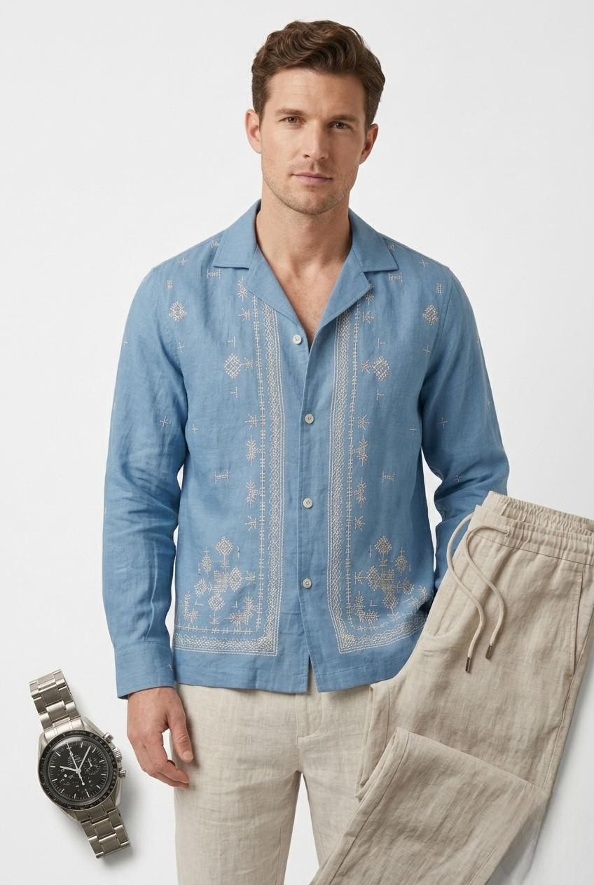 Sky Blue Artisan Geometric Embroidered Linen Shirt