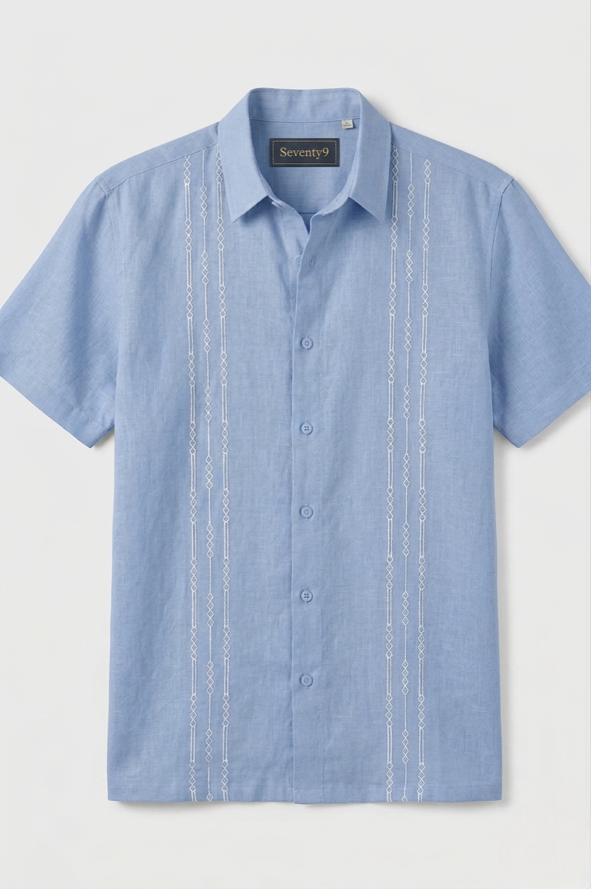 Azure Sky Architectural Embroidered Linen Shirt