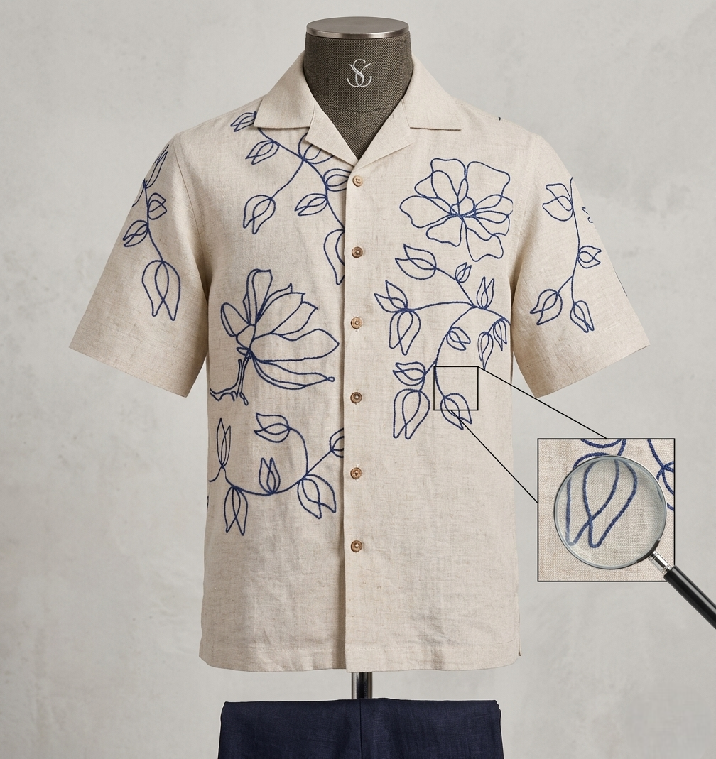 Botanical Line Art Embroidered Linen Shirt
