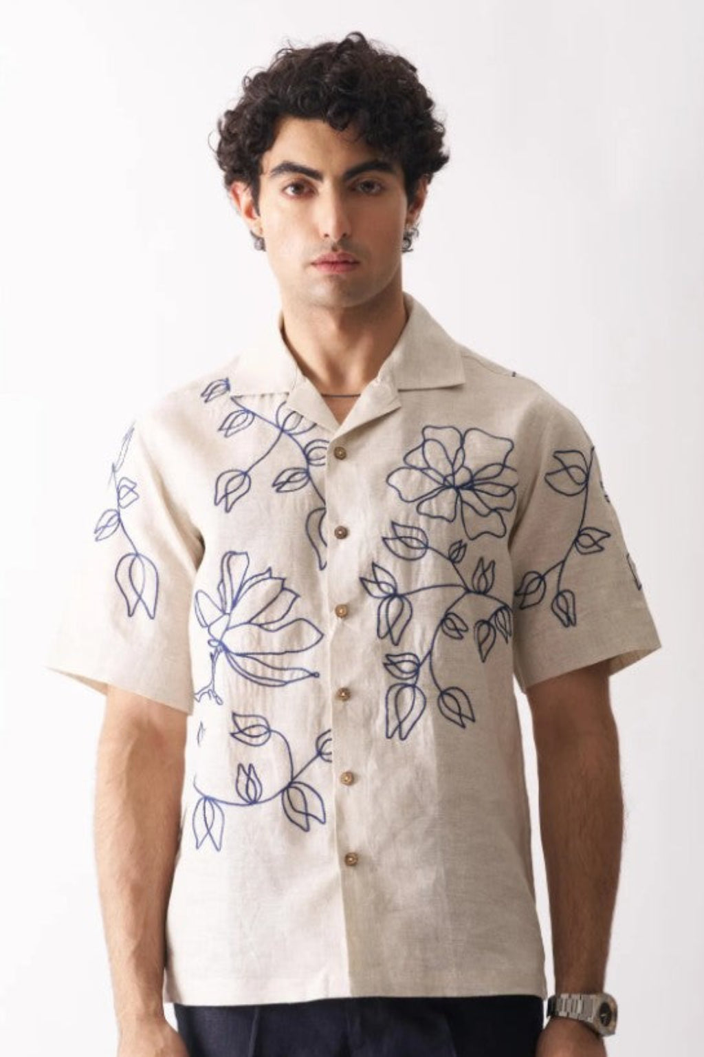 Botanical Line Art Embroidered Linen Shirt