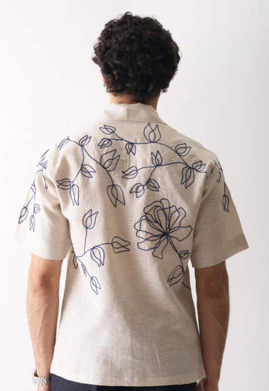 Botanical Line Art Embroidered Linen Shirt