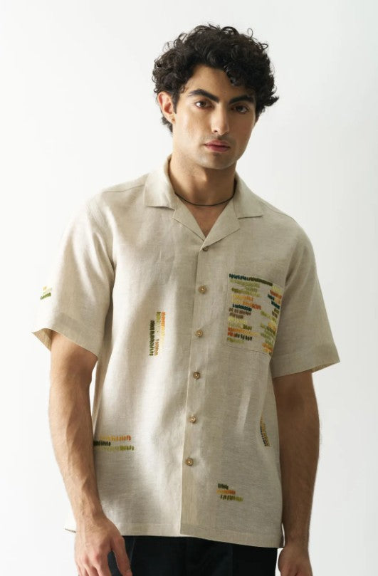 Artisanal Dash Embroidered Linen Shirt - Oatmeal Beige Textured Camp Collar Button Down