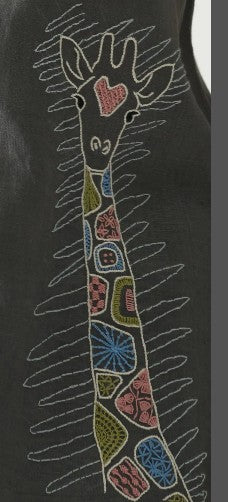 Colorful embroidered giraffe design on a black background