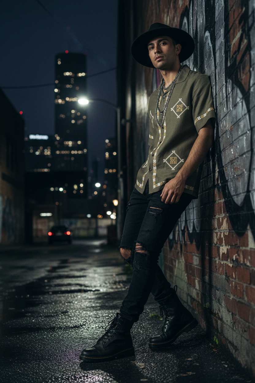 Man leaning against a graffiti-covered wall in an urban setting at night.