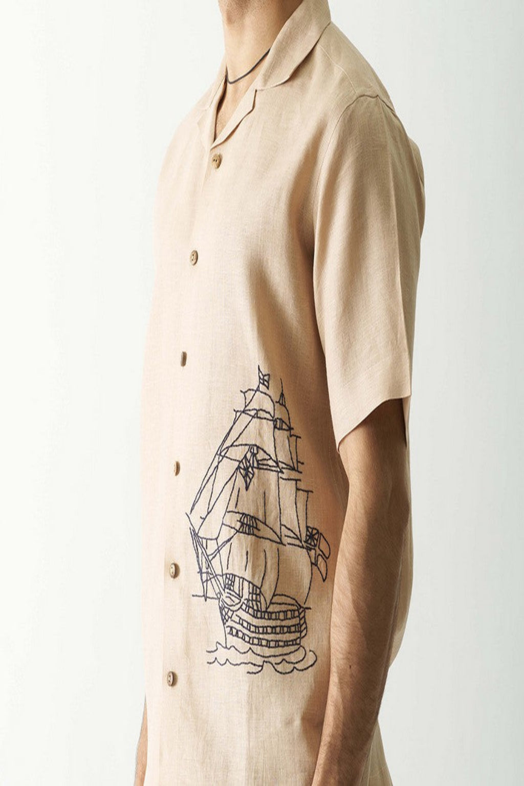 Vintage Nautical Ship Embroidered Linen Shirt